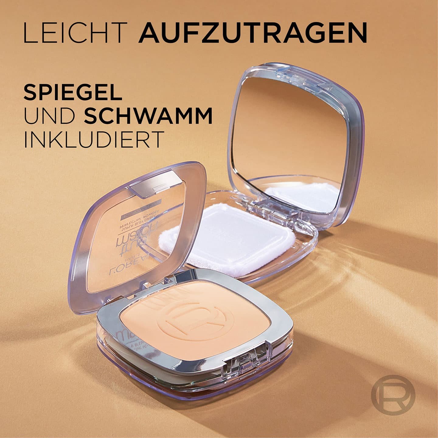 2 geöffnete Tiegel & Text - leicht aufzutragen, Spiegel und Schwamm inkludiert